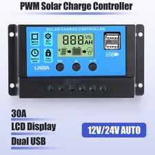 30A Solar Panel Battery Charge Controller 12V/24V LCD Regulator Auto Dual USB