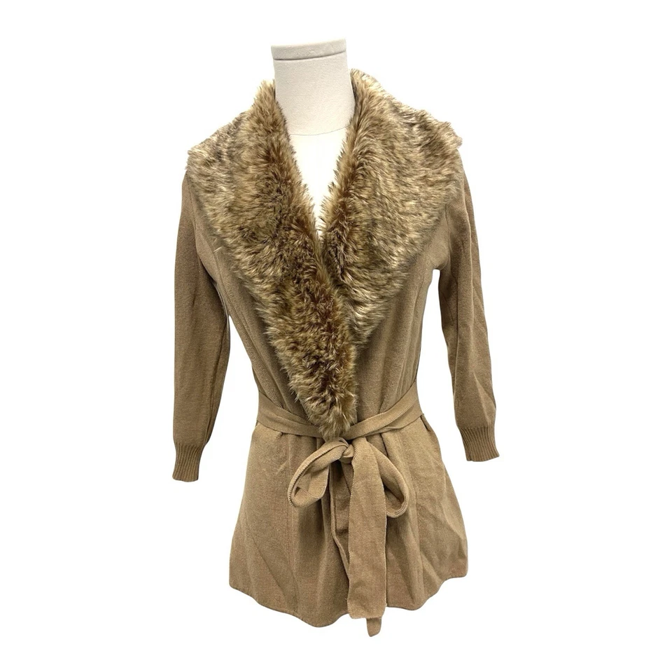 The Limited Y2k 90s Brown Faux Fur Collar Cardigan Tie Waist Sweater SMALL - Image 2 of 4