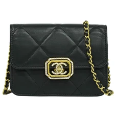 CHANEL CC Matelasse Leather Chain Card Holder Crossbody Bag Black Gold