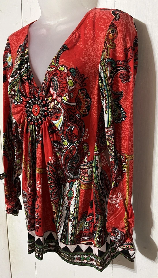 eci New York Mujer Talla S Manga Larga Cuello en V Rojo Estampado Paisley Cuentas Foto 2 de 4