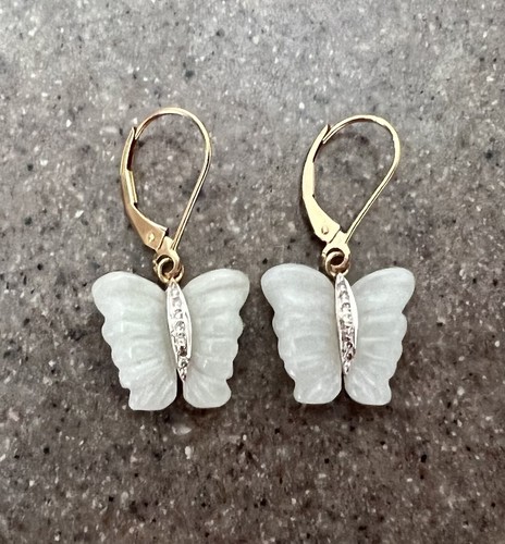 Vintage 10K Yellow Gold Green Jade & Diamond Butterfly Drop Dangle Earrings