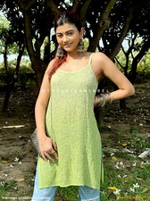 Green Jia Viscose Chikankari Strappy Short Kurta Lucknow Chikankari Handmade