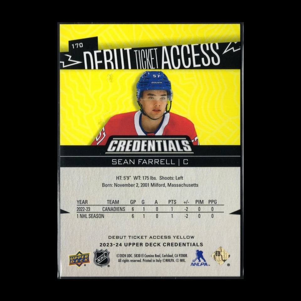 2023-24 UD Credentials SEAN FARRELL #170 Debut Ticket Access Yellow RC - Image 4 of 4
