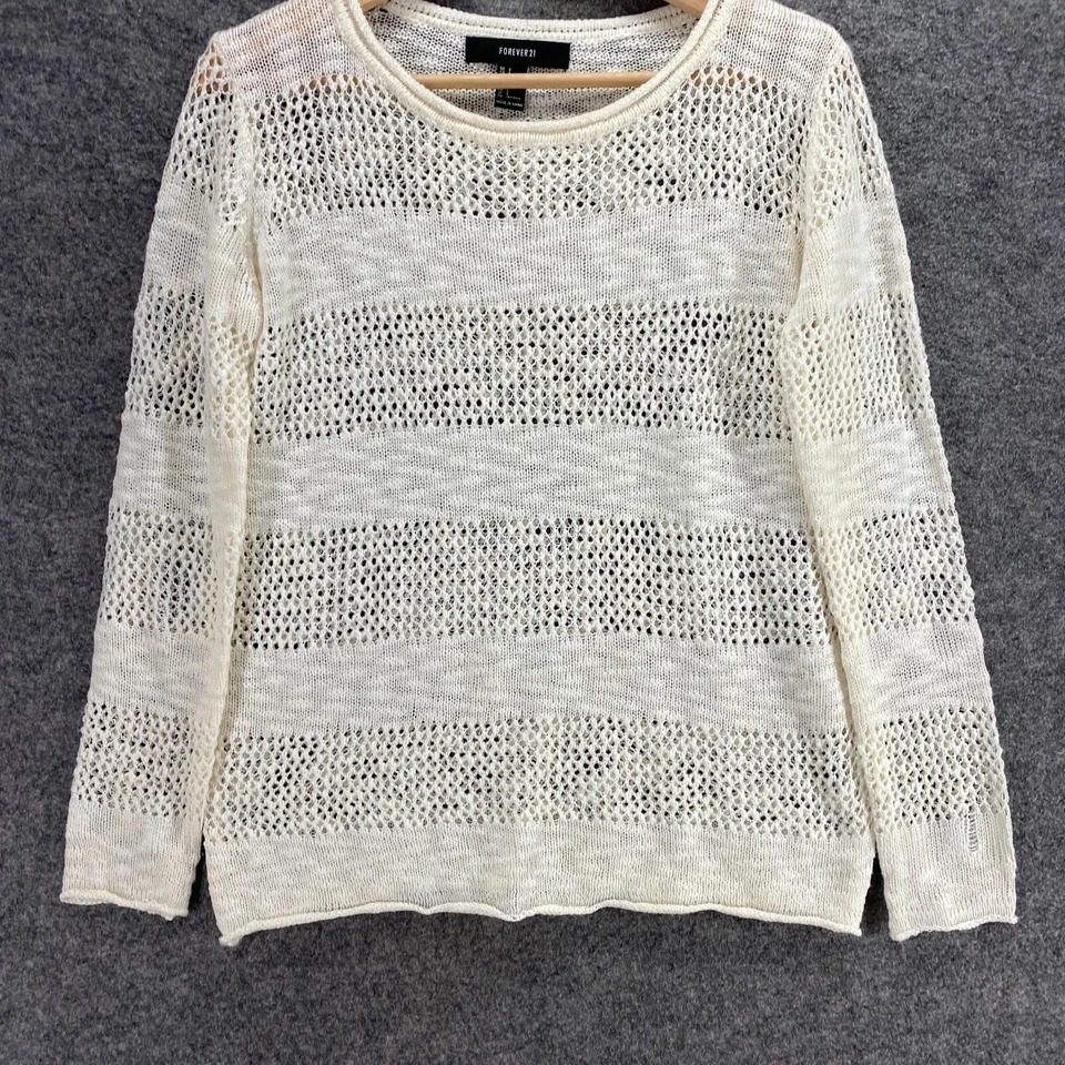 Forever 21 Top Women S Small White Striped Crochet Long Sleeve Round Neck Casual - Image 4 of 4