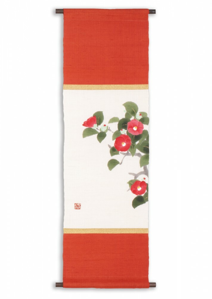 Kyoto Colgar Rollo Kakejiku Tapiz Handpaint Tsubaki Camelia Rojo Blanco Japón