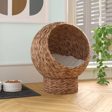 Esperanza Designer Oval Cat Small Dog Bed Natural Rattan Wicker Beige 24 in