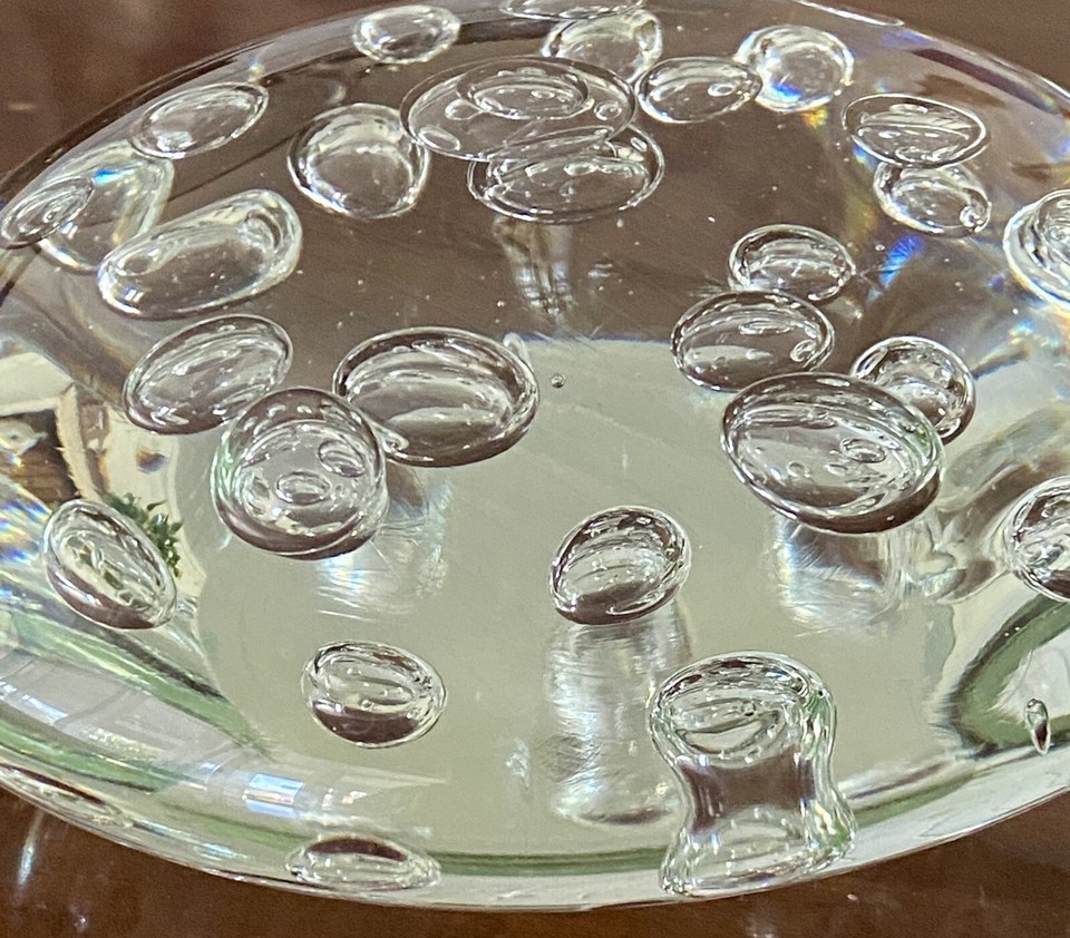 Very Large Clear Art Glass Paper Weight 7” X 7” X 2” Controlled Bubbles