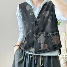 Women Retro Denim Waistcoat Vest Gilet Distressed Printing Sleeveless Jacket