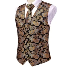 Mens Vest Suit Paisley Floral Waistcoat Black Gold Silk Tie Set Jacket 4pcs 3XL