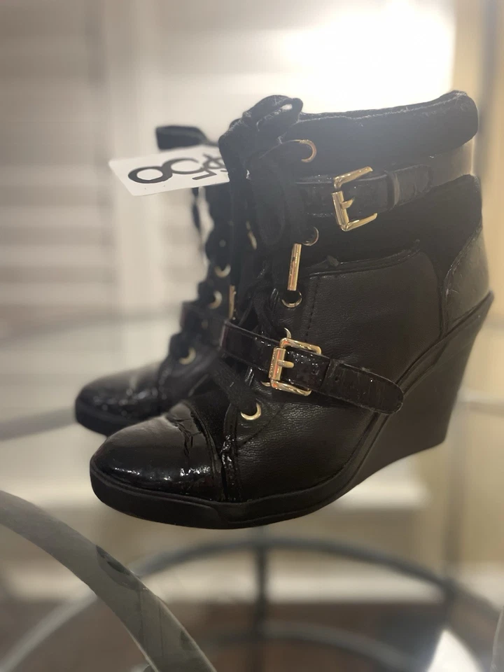 Michael Kors Wedge Buckled Black Patent Sneaker Size 6 - Image 3 of 4