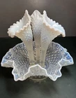 Vtg Fenton White Opalescent Moonstone Glass Diamond & Lace 3-Horn Epergne 9½x10½