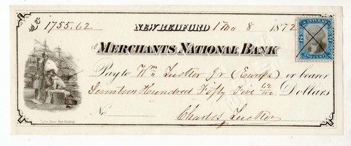 PROMINENT WHALING  AGENT CHARLES TUCKER SIGNED CHECK -  NEW BEDFORD 1871