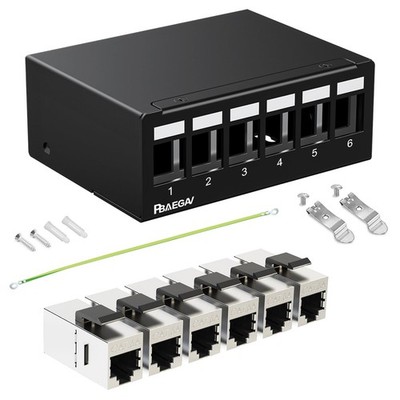 PBAEGAV Patch Panel 6 Port with 6pcs Cat6A Keystone Jack【EC Listed】 Black 