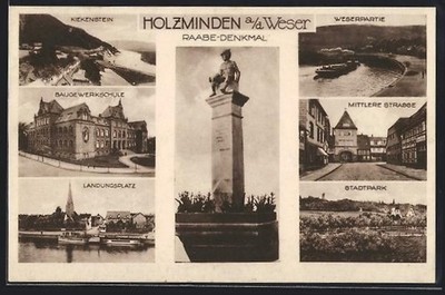 AK Holzminden a/d Weser, Raabe monument, building trade school, Weser section, landing 