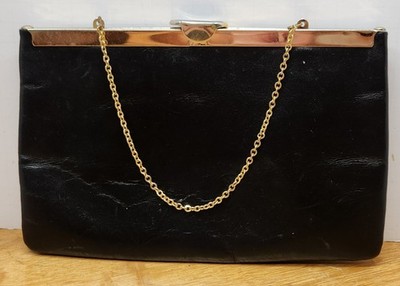 Vintage ETRA Black Leather Clutch Handbag Purse Chain Clasp