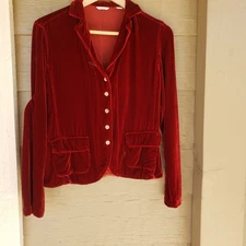 Kleen Women's Red Velvet Button Up Long Sleeve Blouse Top Front Pockets Size XS