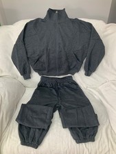 Fashion sweat pants set, Grey, 2-Piece, high neck, short crop, SMALL