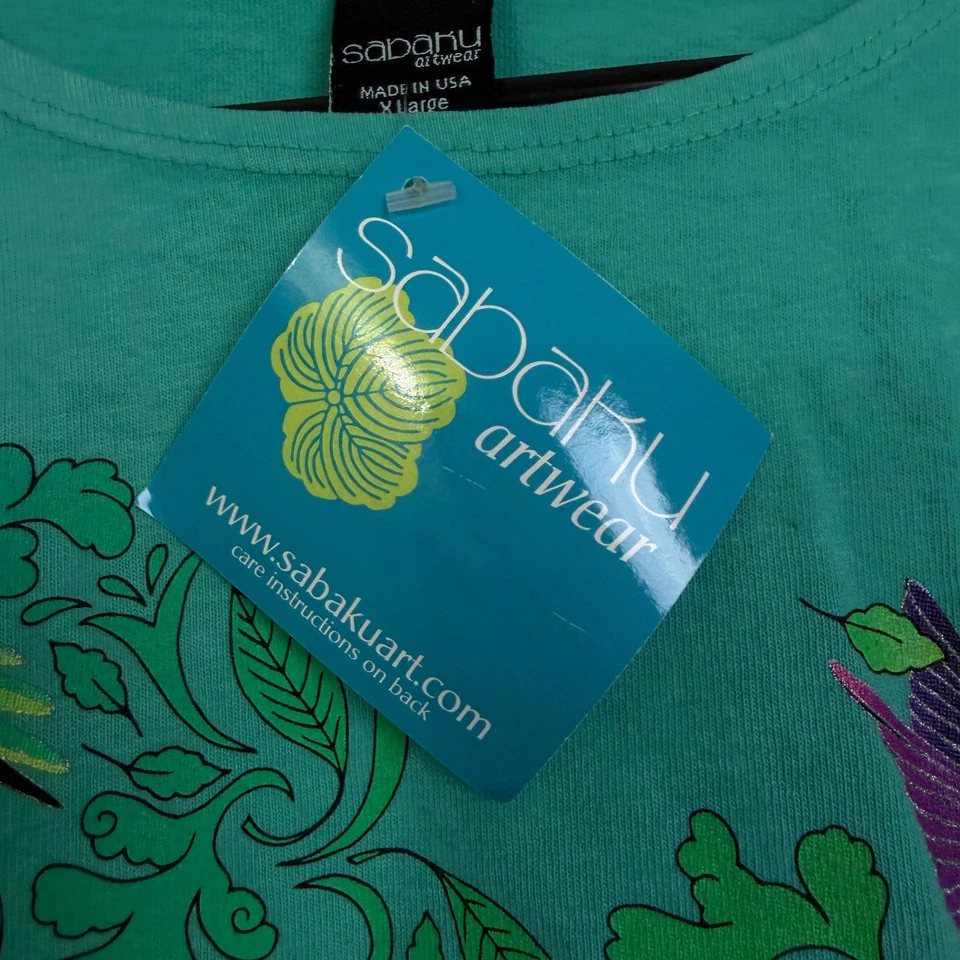 Sabaku Art Wear Shirt Womens XL Green Floral Short Sleeve Colorful Graphic Birds - Image 4 of 4