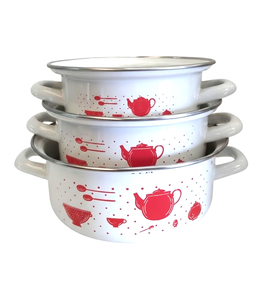 Set Vintage 3 Pentole Smaltate 70s Decoro Teiera - Design Cucina