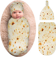 Burrito Taco Tortilla Newborn Swaddle Blanket with Beanie Set, Soft and Stretchy