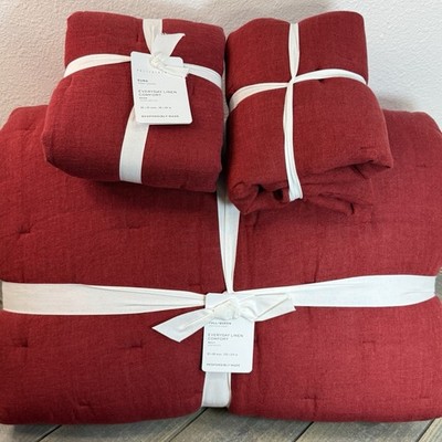 POTTERY BARN EVERYDAY LINEN COMFORT QUILT & EURO SHAMS SET, FULL/QUEEN~DARK RED