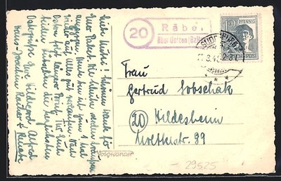 Postcard country postmark Räbel over Uelzen 