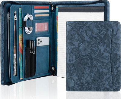 Leather Padfolio Folio, Embossed PU Leather Portfolio with Zipper, Profession...