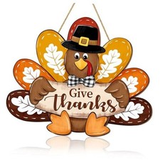 Thanksgiving Turkey Door Sign Decor, Give Thanks Wooden Wreath for Front Door