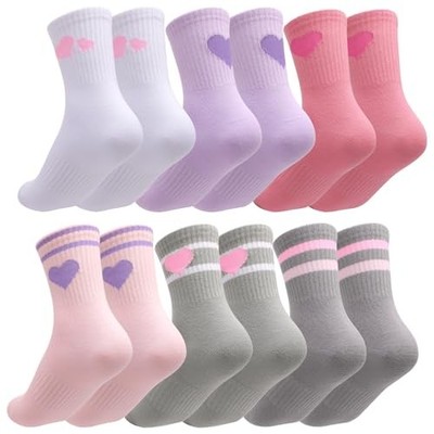 Cute Girls Socks Kids 6-9 Years 6 Heart- Grey, White, Light Pink, Rose Red,