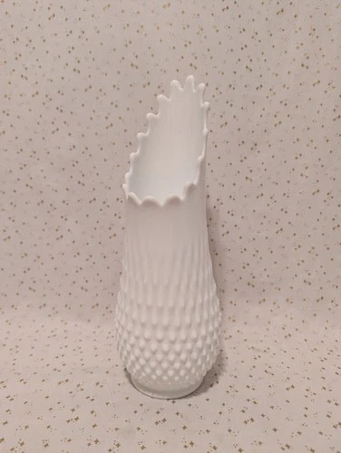 Vintage Fenton Mid Century Modern White Milk Glass Hobnail Swung Vase