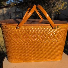 Vintage Red Man Woven Wicker Hinged Wood Top Picnic Basket - Made in USA Indiana