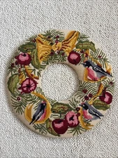 Vtg  17.5 Needlepoint Wall Hanging Tapestry Handmade Victorian Flower Wreath Lrg