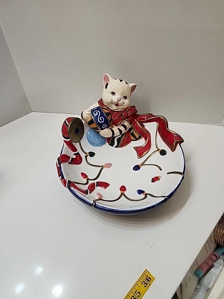 Cat Kitty Kitten Large Ceramic Candy Bowl Christmas Colorful 9" W X 3" D - Image 2 of 4