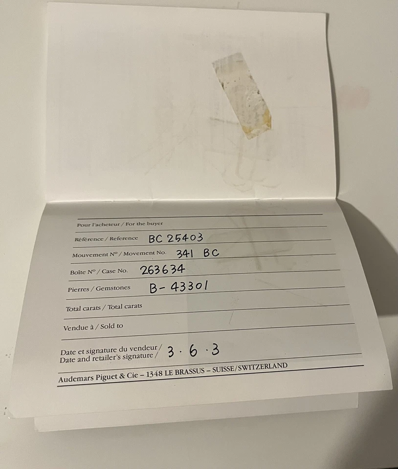 Audemars Piguet Certificat Et De Guarantee BC 25403 Certificate Original Certificat Foto 2 de 4