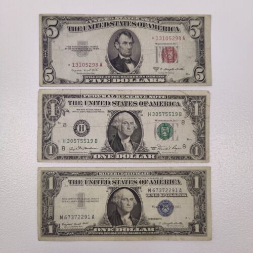 1953 five dollar red seal star note 1957 silver seal one dollar bill 1981 $1