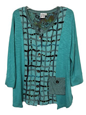 Parsley  Sage Top S teal mixed print 3/4 sleeve button up pocket lagenlook