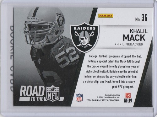 KHALIL MACK 2014 Prestige ROAD TO THE NFL NOVATO TARJETA Raiders Chicago Bears ¡RC! - Imagen 2 de 2