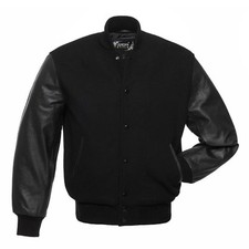 Black Wool Real Leather Sleeves Varsity Letterman College Bomber Baseball Jacket