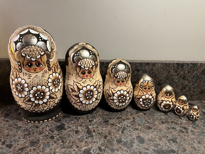 Sergiev Posad 7 piece Matryoshka doll, vintage & signed Russian doll Wood Burn