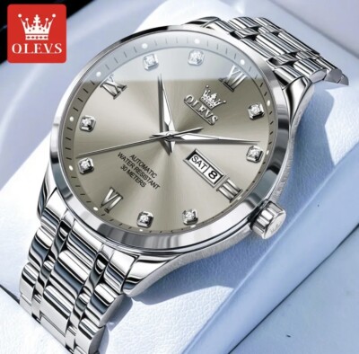 OLEVS Stainless Steel Men's Watch Automatic Mechanical Luxury Diamond Silver New