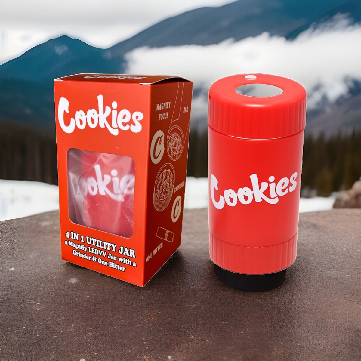 Cookies 4 in 1 Stash Jar, Magnifying LED Lid, Grinder, One Hitter