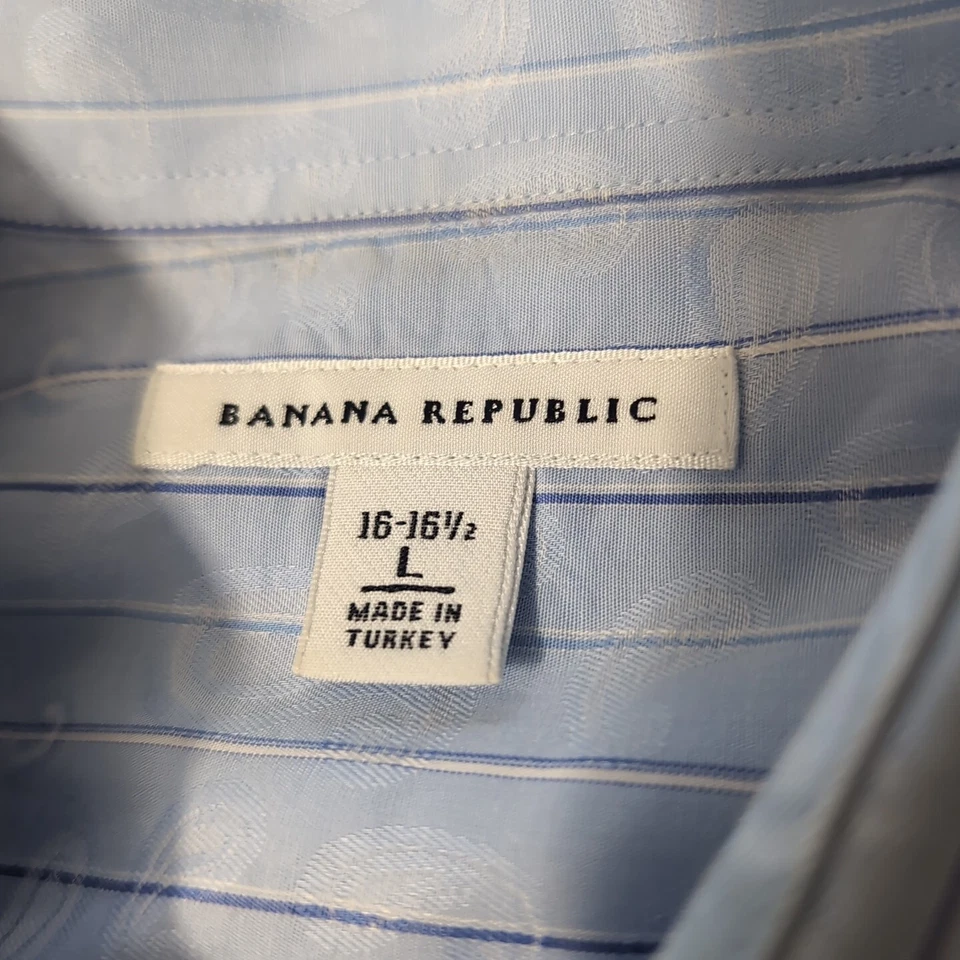 Banana Republic 男式纽扣衬衫大号 16-16.5 蓝色条纹佩斯利 L/S — 第 2/4 张图片