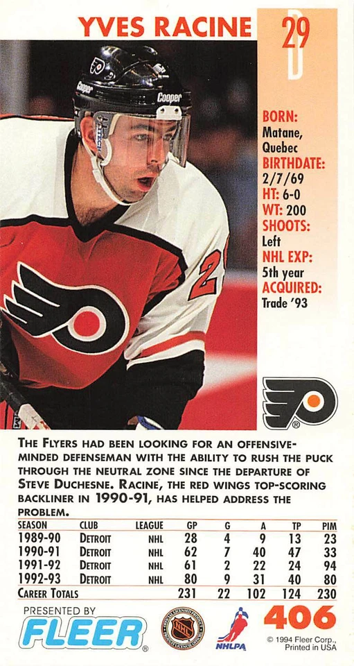 1993-94 Fleer Power Play Yves Racine #406  EX/NM - Image 2 of 2