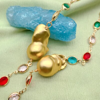 Gold Plated Baroque Pearl Multi Color Crystal Rosary Chain Station Necklace 26''