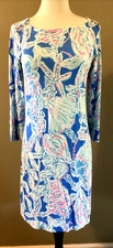 LILLY PULITZER Sophie Dress S Small Bay Blue Pink Into the Deep 3/4 Slv UPF 50