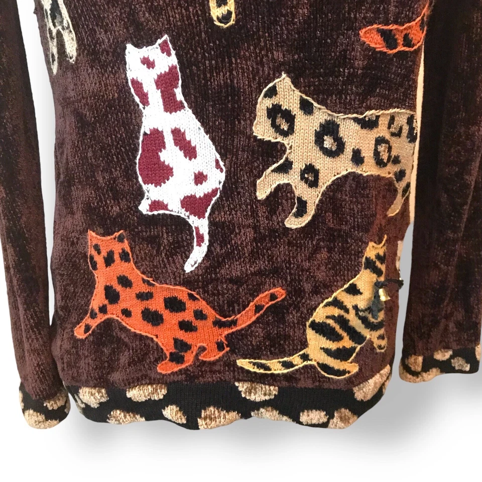 Suéter De Colección Berek Mujer Gato Imitación Piel Animal Estampado Chenilla Negro Marrón Talla XL Foto 3 de 4