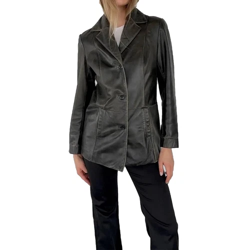 Women's Vintage Style Black Leather Blazer Jacket - Retro Classic Blazer - product listing photo