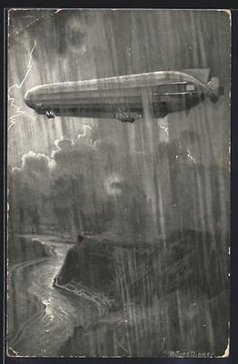 Artist postcard Zeno Diemer: Zeppelin flight during thunderstorm over the mountains 