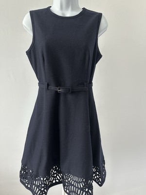 Navy Wool Blend  A Line Lattice Hem Dress by Susana Monaco, Sz 4 (b48)