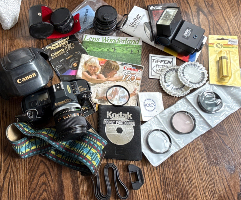 Vintage Photog Lot Canon T70 35mm SLR Film Camera + lens, filters, flash, case